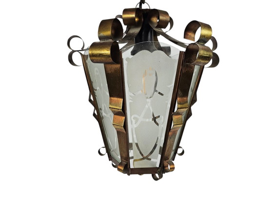 Image 1 of Art Déco - Lampada a sospensione a lanterna - ottone - vetro satinato