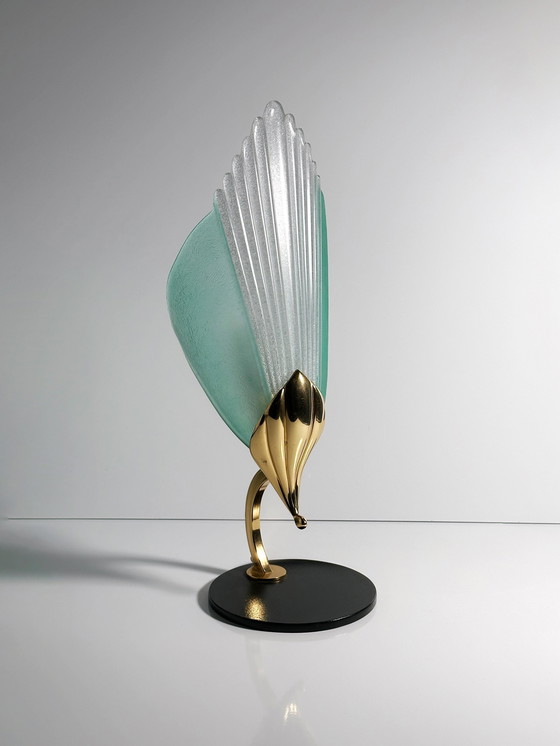 Image 1 of Lot de 2 lampes de table vintage en verre de Murano, style Néfertiti, laiton et métal, style post-moderne, années 80 et 1980, It