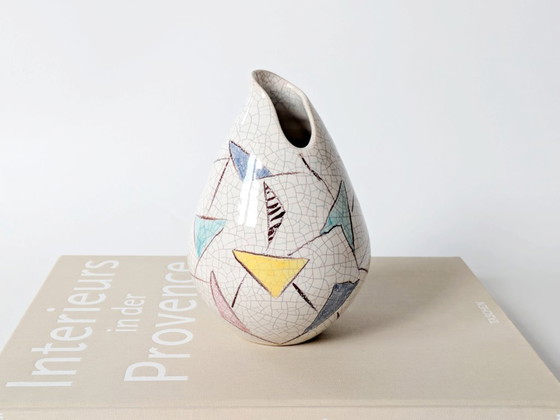 Image 1 of 1950er Silberdistel-Vase | Abstrakte geometrische Craquelé-Glasur | Westdeutsche Keramik