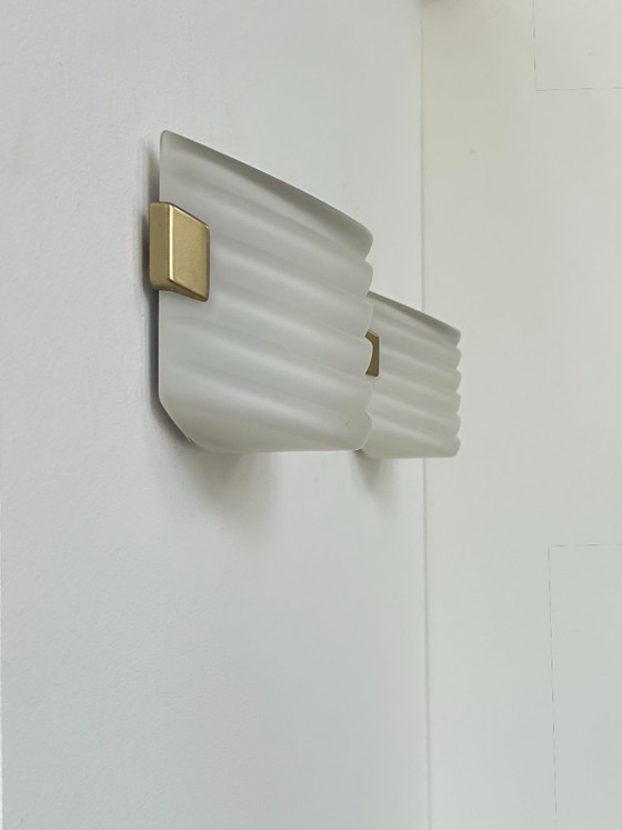 Image 1 of Pair of vintage wall lights, opaline glass and brass, France 1970