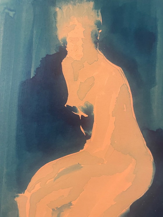 Image 1 of Monochroom blauw aquarel gesigneerd "blauwe dame" de pose