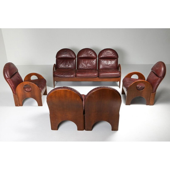 Image 1 of Vintage Gae Aulenti 'Arcata' Love Seat in Walnut and Burgundy Leather 1968