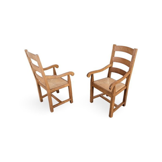 Image 1 of Set di 2 poltrone in rovere, stile country francese, con intreccio in giunco.