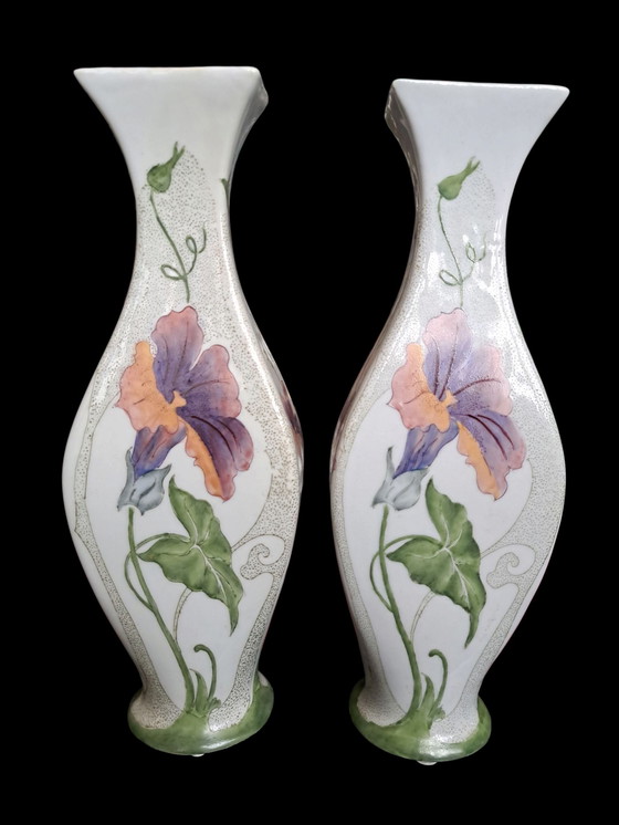 Image 1 of Two Art Nouveau Style Vases 2nd Half 20th Century, Hand-Painted With Flower Representations