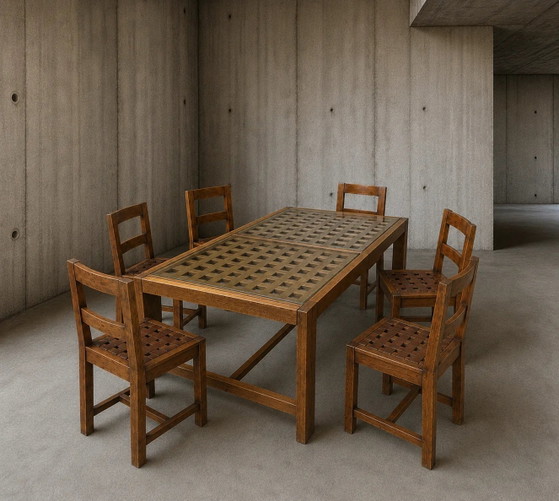 6 Stühle / Esstisch aus Eiche / Durchbrochene Tischplatte / 2 eingelegte Glasplatten / Offen gewebte (photo 6 of 9)