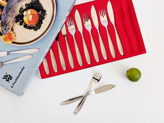 Image 1 of Service de couverts à poisson vintage WMF, 12 pièces, acier inoxydable, style années 1960, Allemagne