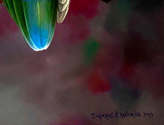 Original Oil Painting Symbolism Portrait of a Parrot Lovebirds on a Branch – Paintings & Drawings, Canvas (photo 6 of 6)