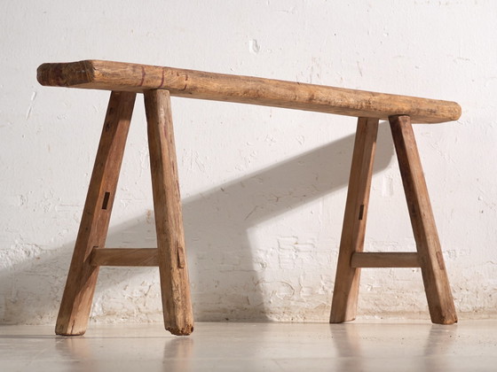 Antique Elm Wood Bench, China, circa 1900, Benches, Red, Rustic (photo 2 of 8)