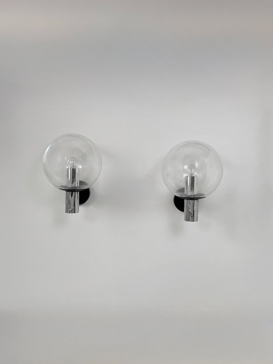 Image 1 of Coppia di applique vintage XL, metallo cromato e vetro a bolle, Francia, 1970