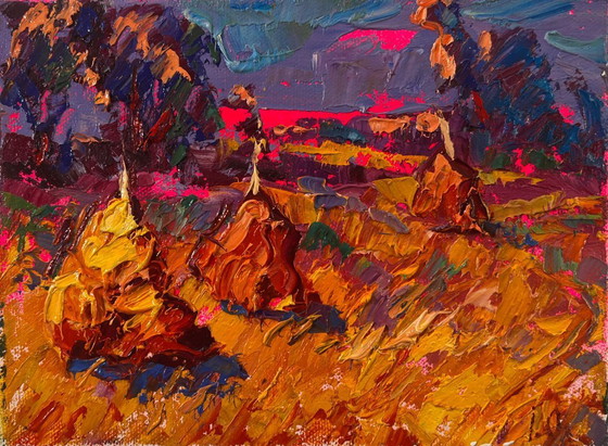 Image 1 of Original Oil Painting Autumn Nature Landscape Sunset Over The Field