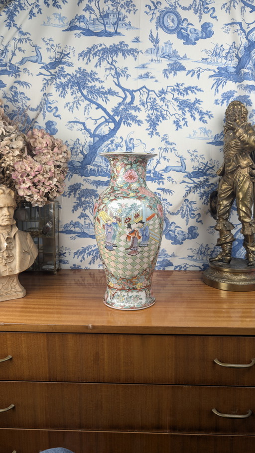 Canton Chinese porcelain vase with Palace and Floral decoration signed Nian Qian Zhilong mid 20th century