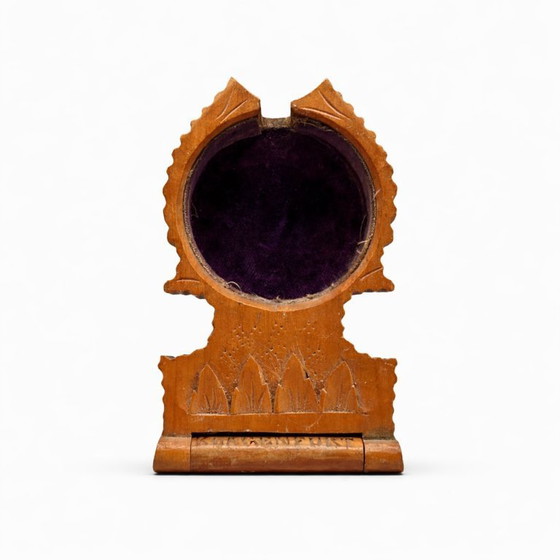 Image 1 of Antique travel pocket watch stand | Klagenfurt circa 1900 | Hand-carved wood & velvet