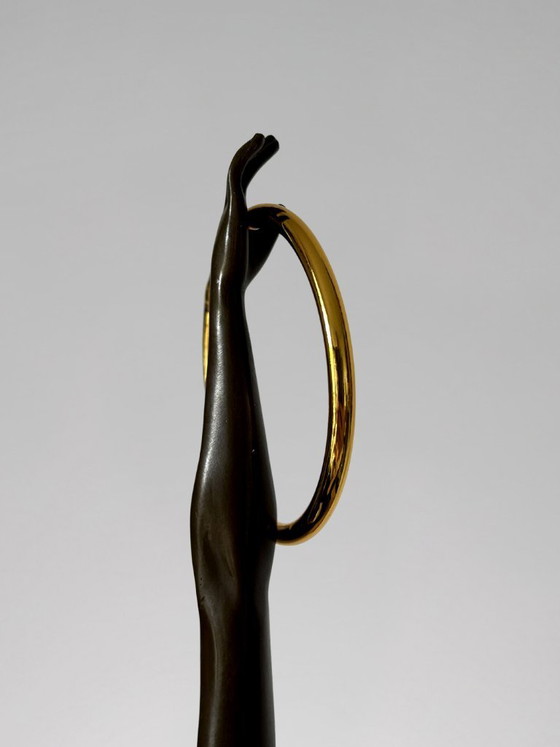 Image 1 of Art Deco sculpture of a dancer with rings in patinated bronze on a black marble-effect base – signed Duvernet – 58 cm