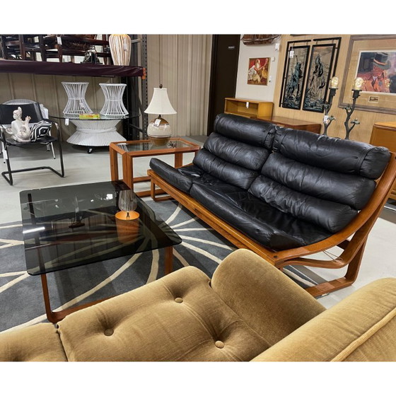 Image 1 of Divano con imbracatura T4 in pelle nera e teak, Fred Lowen per Tessa, anni '70