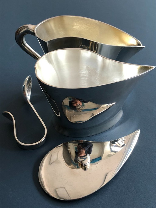 Silver plated sugar and milk jug with matching spoon