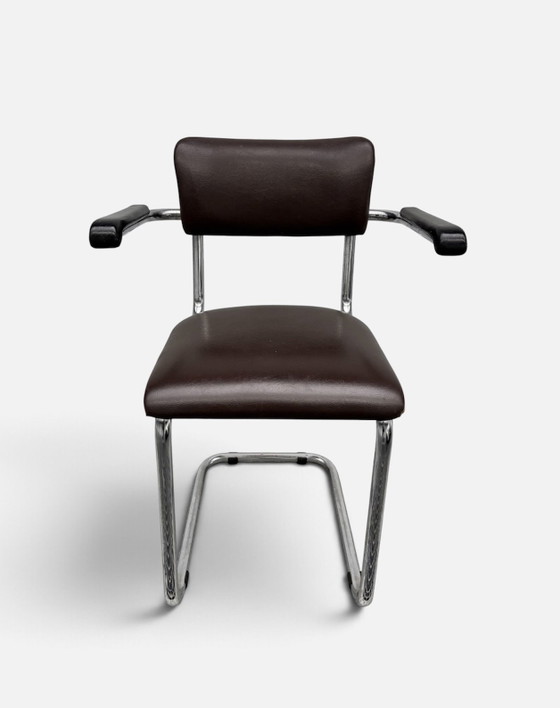 1970s brown leather Tubax tubular frame chair, Armchairs, Metal, Chrome, Black (photo 3 of 6)