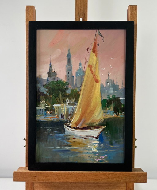 Pintura al óleo original Paisaje costero al atardecer La ciudad está en silencio, el barco está navegando