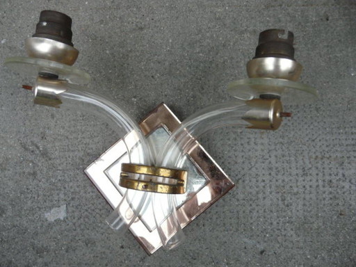 Applique da parete Art Déco a 2 bracci con specchio e ottone.