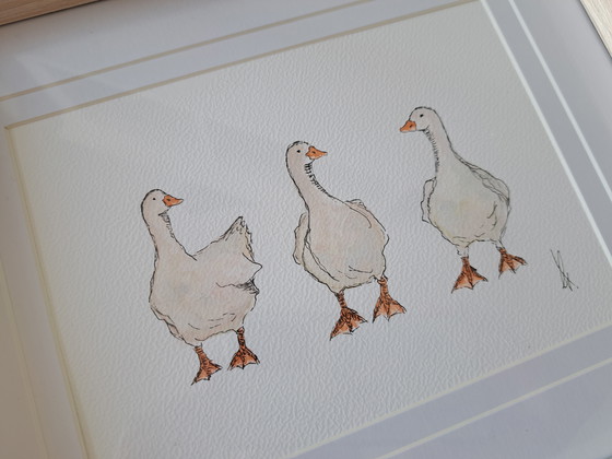 Image 1 of Watercolor painting Three Geese, original with frame
