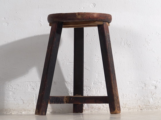 Antique dark colored round stool (c.1900) #11, Wood, Brown, Rustic (photo 16 of 16)