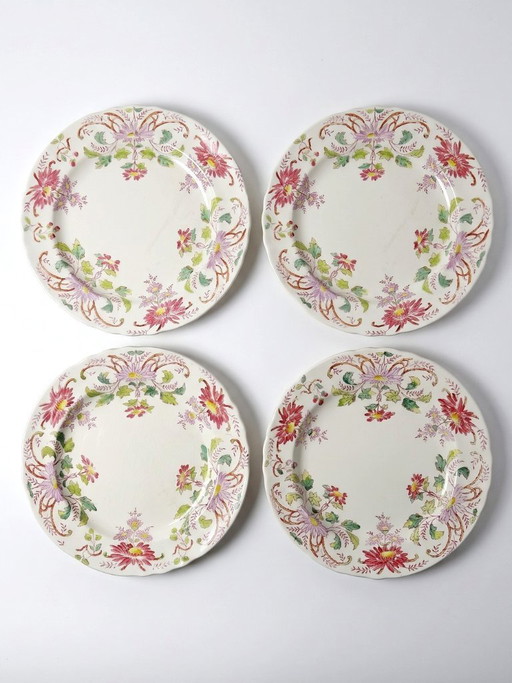 4 antike Longchamp Daisy Dessertteller aus polychromem Steingut