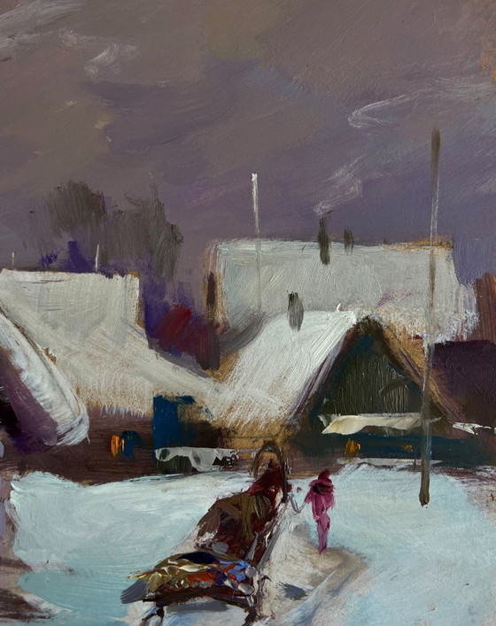 Image 1 of Original Oil Painting Night Houses Landscape Busy winter street of the village