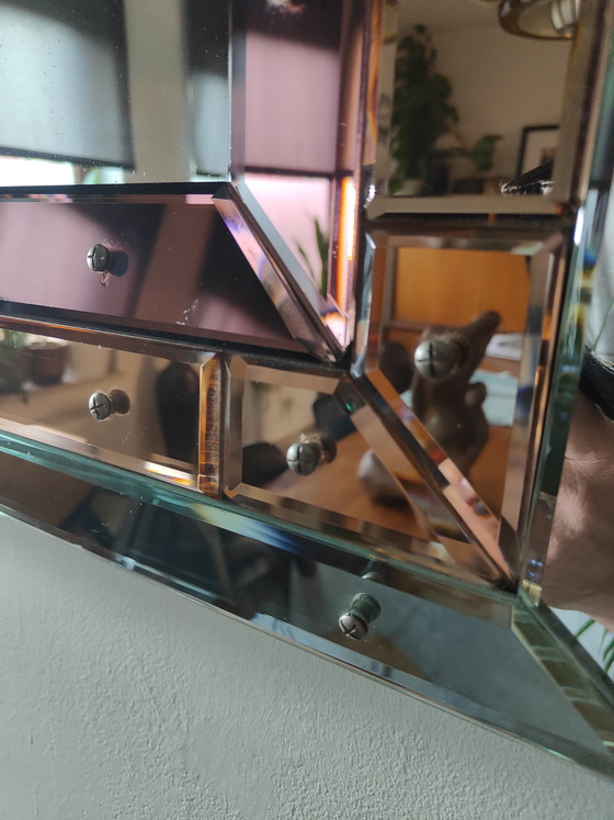 Image 1 of Grote Italiaanse Hollywood Regency Wandspiegel – 110x75 cm – Getint Glas – Eiken Kader – Jaren 70