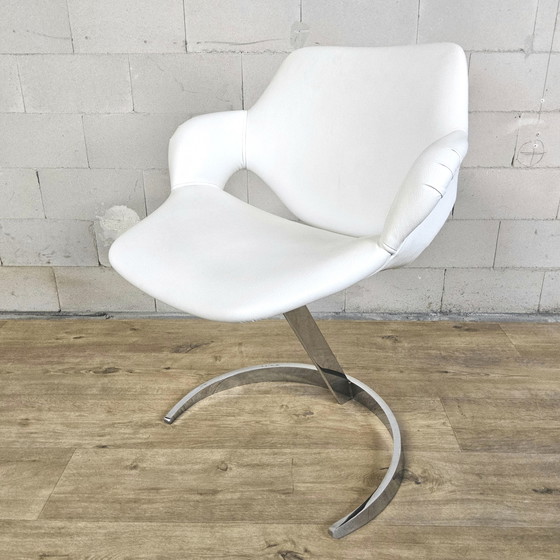 Image 1 of Vintage Frans Space Age Design Eetkamer set Boris Tabacoff Frankrijk 1970 chromen glazen eettafel + 4 leren stoelen