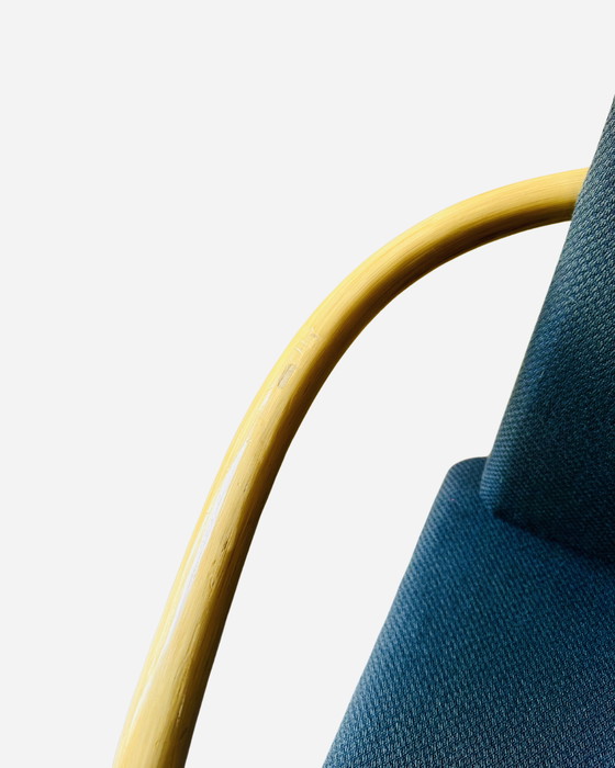Image 1 of 4x Mandarin stoel van Ettore Sottsass voor Knoll, 1986 - Blauwe stof, armleuningen in bamboelook