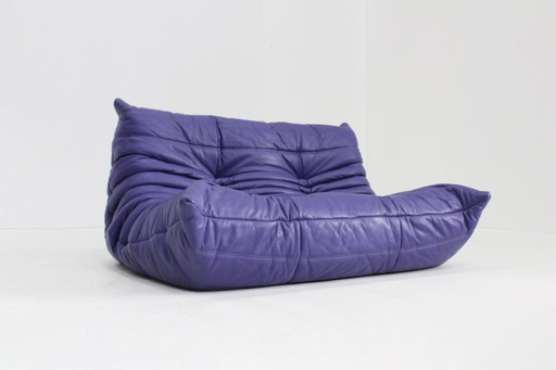 Divano vintage a 2 posti Togo in pelle viola di Ligne Roset, anni '90.