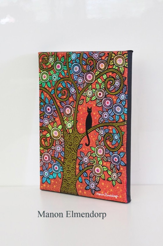 Image 1 of Unique Hand-Painted Small Painting Cat in Tree New