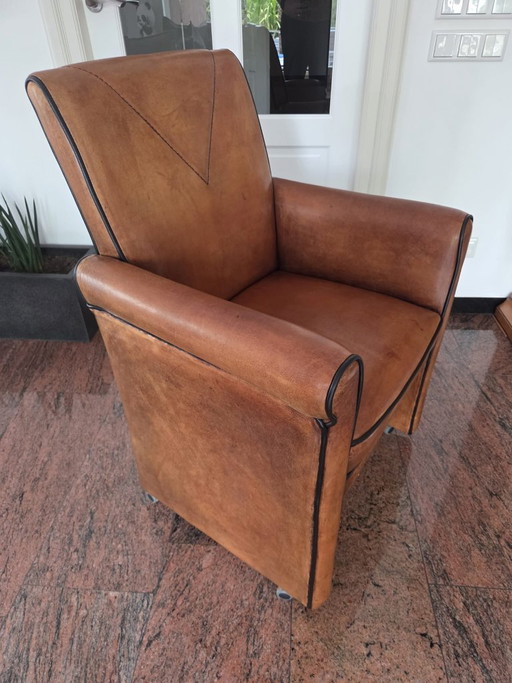 6x Art Deco Stoelen - Schapenleer Cognac – Jan Frantzen, eetkamerstoelen, Leather