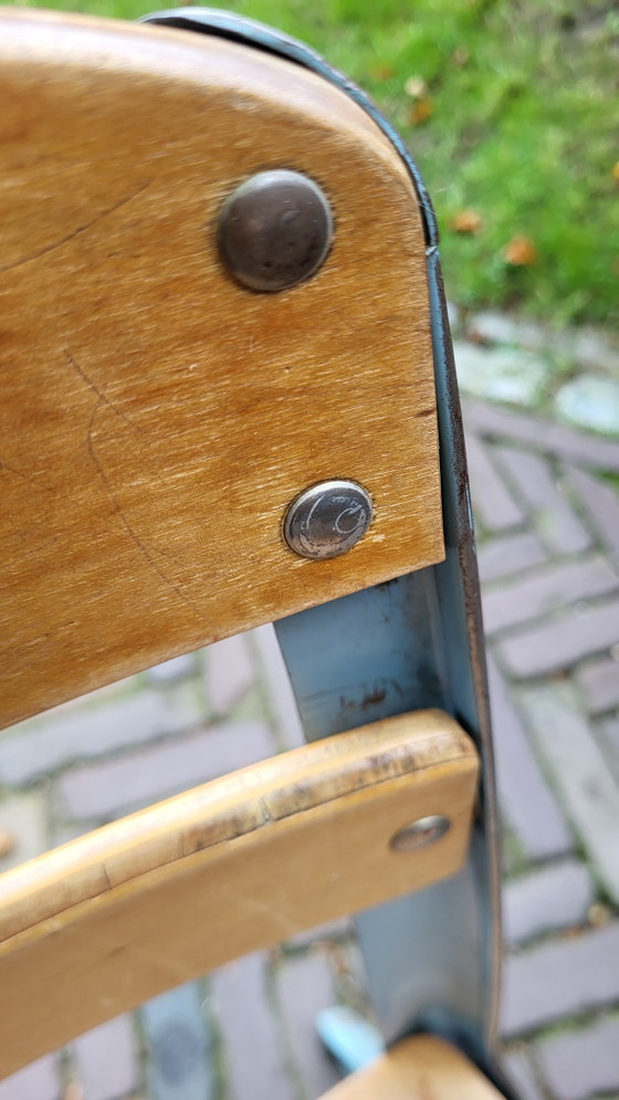 Banchetto scolastico anni '50/'60 modello "Envoy" American Seating Company, Scrivanie, Metallo, Legno, Blu (foto 7 di 14)