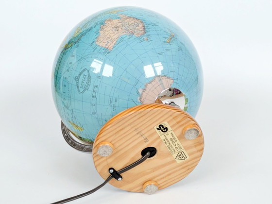 Image 1 of Columbus Duplex verlichte wereldbol uit de jaren 80: politieke en fysische kaart, grenenhouten voet, Europese stekker