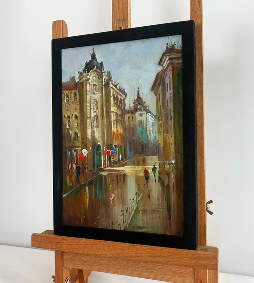 Original Oil Painting Gloomy City Landscape A quiet corner of the old town