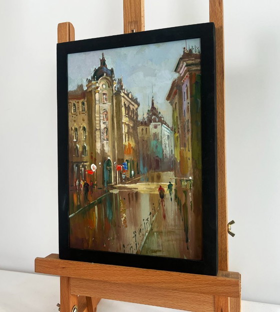 Image 1 of Original Oil Painting Gloomy City Landscape A quiet corner of the old town