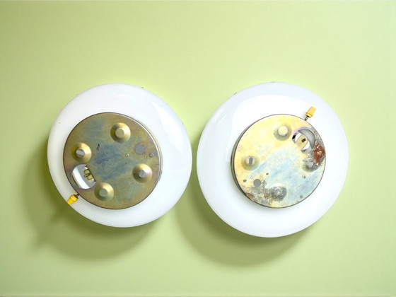 Image 1 of Pair of Art Deco style white opaline glass flush mount ceiling or wall lights 30 and 27cm