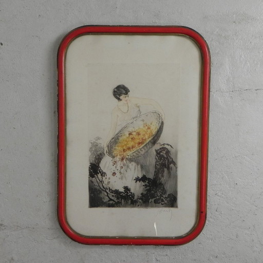 Litho Jean Hardy met dame en bloemen in de stijl van Louis Icart, jaren 20