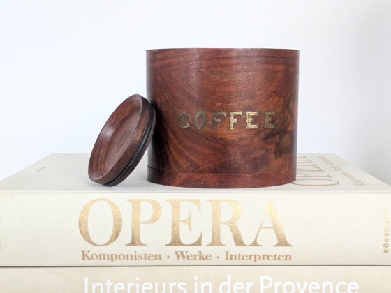 Image 1 of Midcentury Teak Coffee Canister with Brass Inlay Letters, Danish Modern Wooden Storage Jar