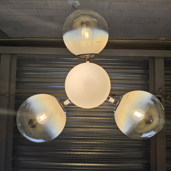 Image 1 of Vintage Space Age Chroom en Murano Glas Italiaanse design Hanglamp (bol glazen) glass pendant lamp