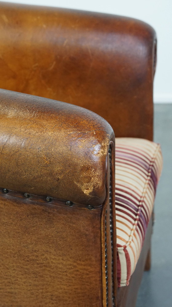 Image 1 of Vintage Cognac-Kleurige Clubfauteuil Gemaakt van Schapenleer