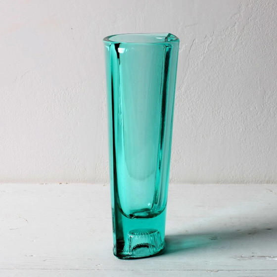 Image 1 of Stylish Turquoise Mid-century Pressed Glass Vintage Vase by Miloš Filip / Rosice / Czech Republic / 1963