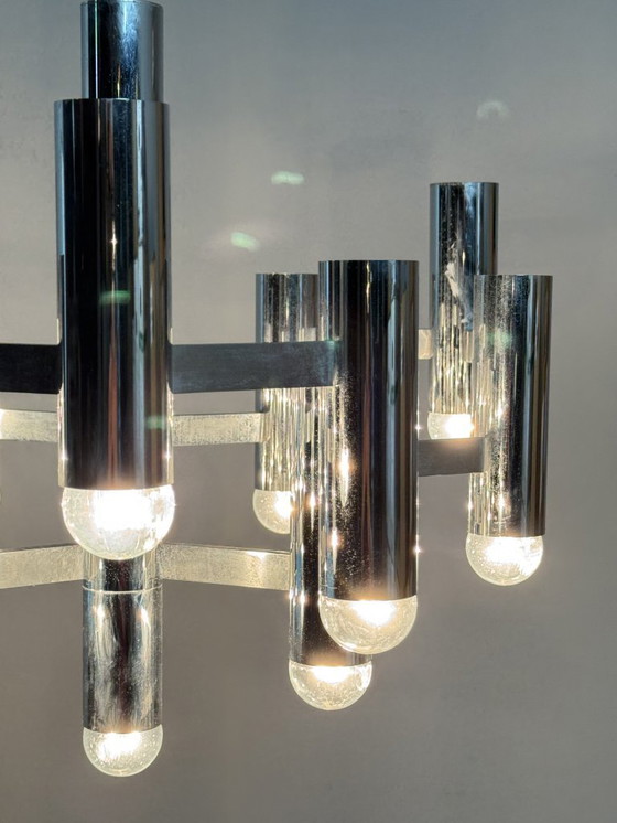 Image 1 of Mid-Century Design Large Sciolari Chandelier with Chromed Frame, Italy, 1970s