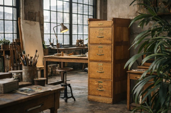 Image 1 of Mobiletto portadocumenti vintage industriale in rovere inglese con cassetti, anni '20