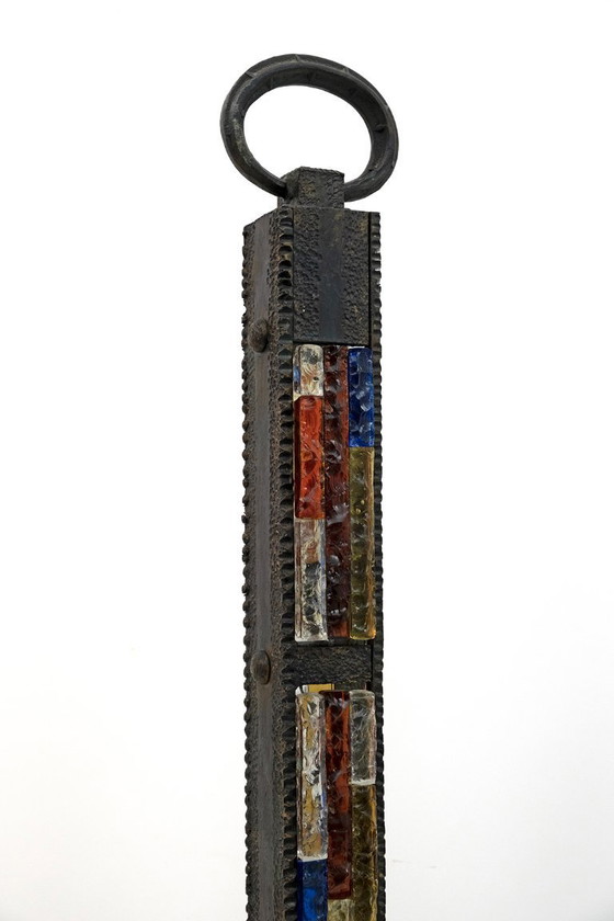 Image 1 of Poliarte Brutalistische italienische Stehleuchte aus Schmiedeeisen und farbigem Rohglas, 1960er Jahre