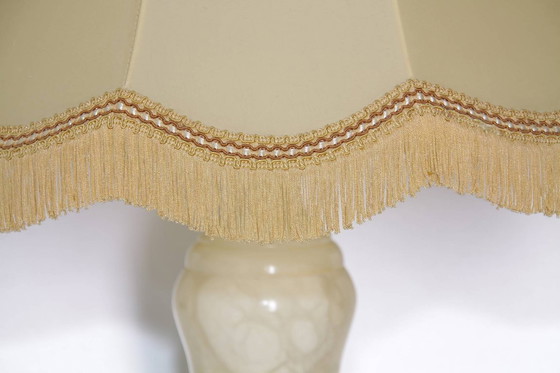 Image 1 of Lampe de table en pierre naturelle, laiton, simili cuir, franges, 67 cm, années 1970, J Vintage