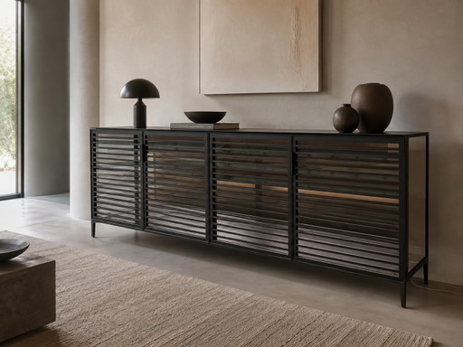 Rimadesio Alambra Niedriges Sideboard 260 cm LED-Beleuchtung, Regale & Schubladen – dressoirs, Metal, Leather