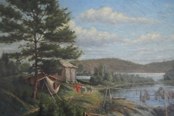 Spätes 19. Jahrhundert "Trapper's Refuge at the Water's Edge" Landschaftsölgemälde von Georges Caminade (photo 9 of 11)