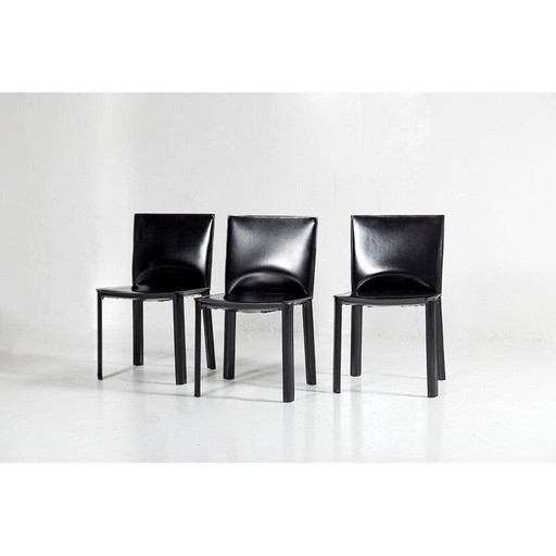Set vintage di 3 sedie da pranzo in pelle nera di De Couro, 1980