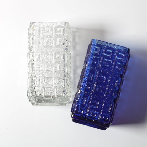 Image 1 of Set of 2 Mid-Century Cobalt Blue & Clear Glass Vases Taalari / Tamara Aladin / Finland / 1969